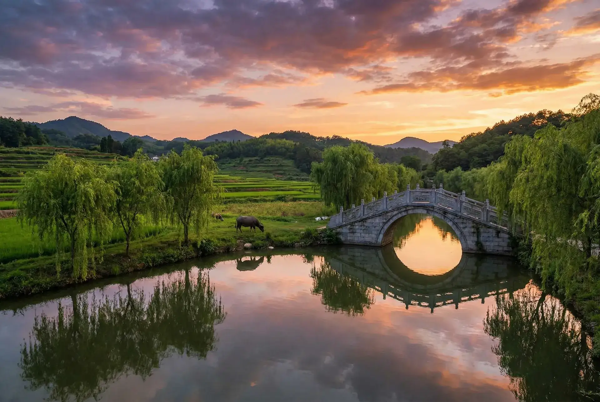 夕阳下的石拱桥与垂柳，水牛在河边吃草 - 坐在学长的棒棒上写作业免费 乡村美景